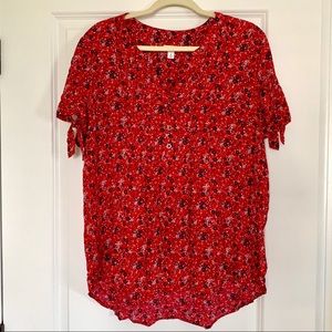 Dressbarn Westport Red Floral Tie Sleeve Popover